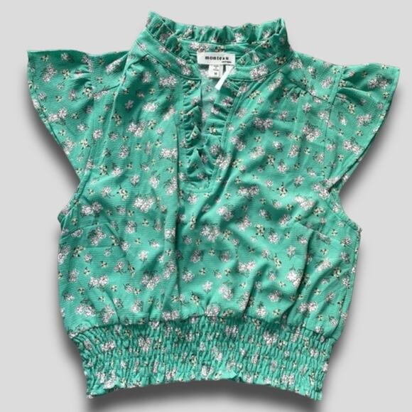 MONTEAU COTTEGECORE HIPPIE BOHO FLORAL FRILL CAP SLEEVE BLOUSE GREEN MEDIUM - Picture 4 of 8